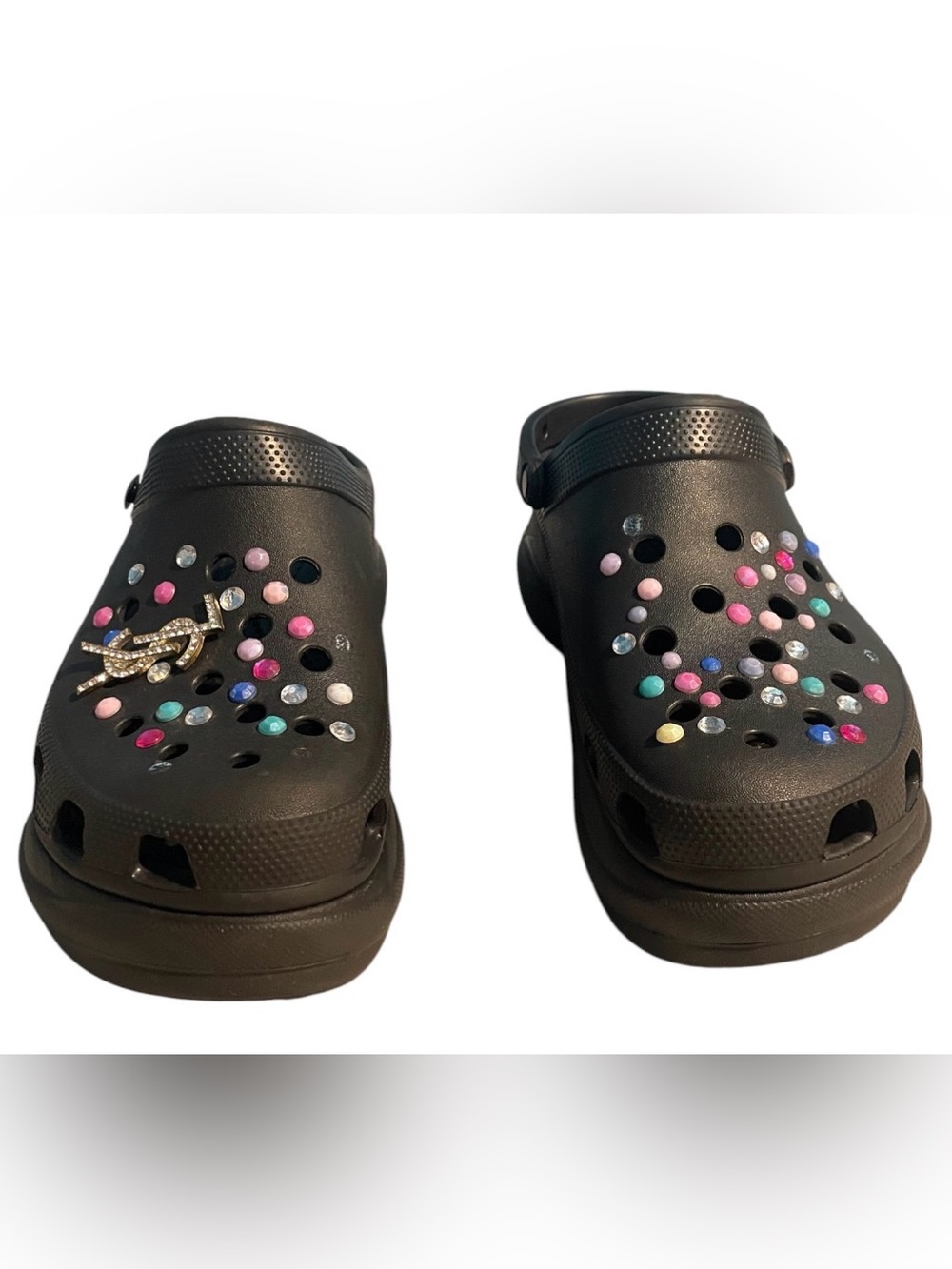 Crocs women size 11  Black Clog Shoes with Multicolor Charms